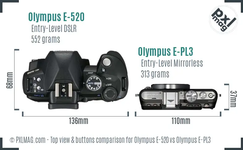 Olympus E-520 vs Olympus E-PL3 top view buttons comparison