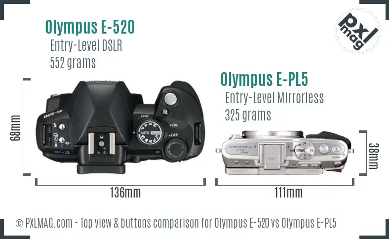 Olympus E-520 vs Olympus E-PL5 top view buttons comparison