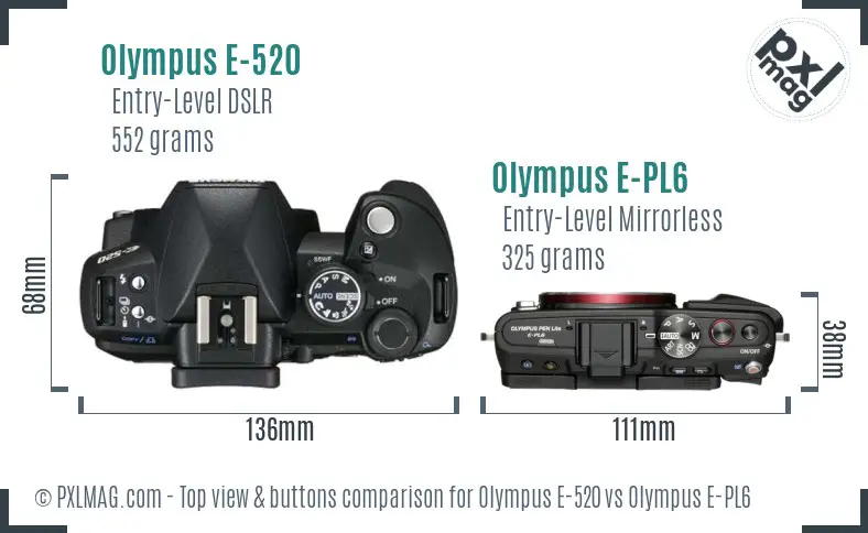 Olympus E-520 vs Olympus E-PL6 top view buttons comparison