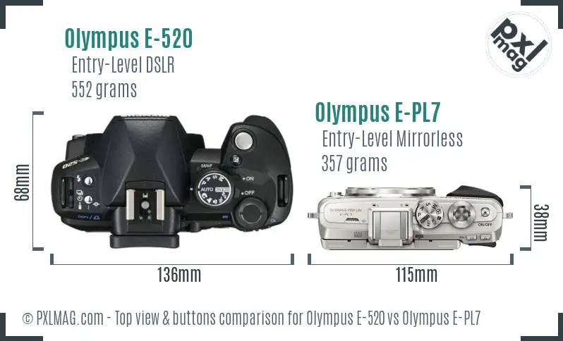 Olympus E-520 vs Olympus E-PL7 top view buttons comparison