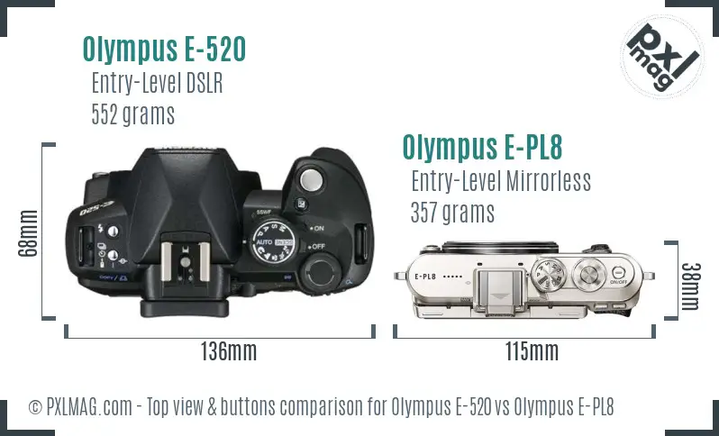 Olympus E-520 vs Olympus E-PL8 top view buttons comparison