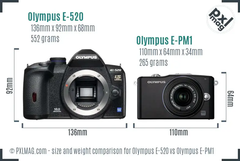 Olympus E-520 vs Olympus E-PM1 size comparison