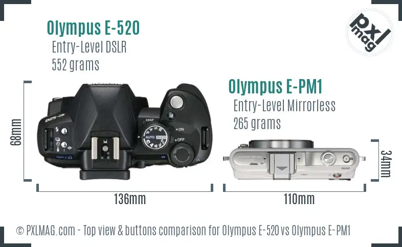 Olympus E-520 vs Olympus E-PM1 top view buttons comparison