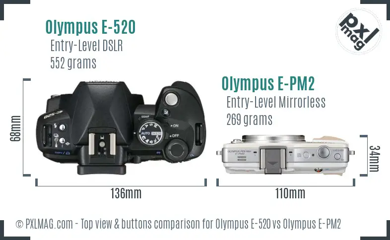 Olympus E-520 vs Olympus E-PM2 top view buttons comparison
