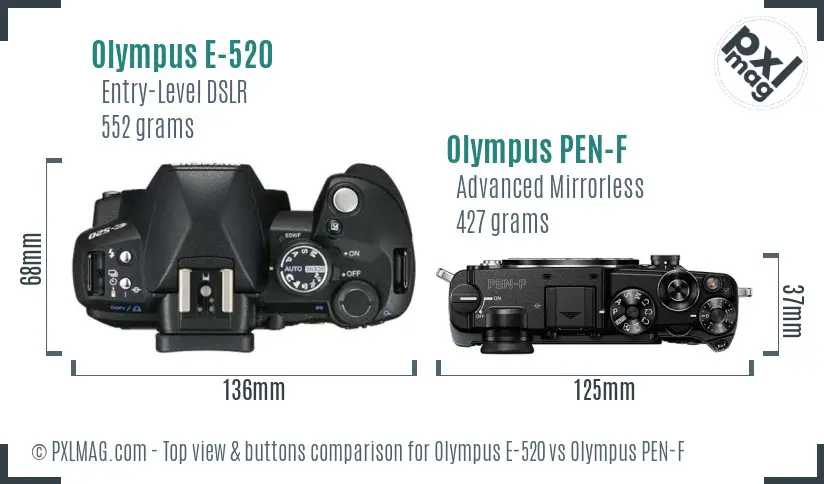Olympus E-520 vs Olympus PEN-F top view buttons comparison