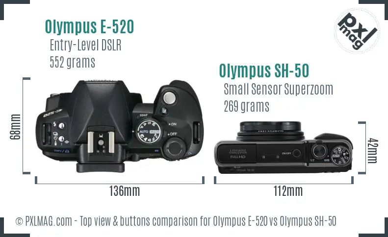 Olympus E-520 vs Olympus SH-50 top view buttons comparison