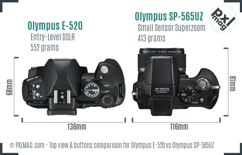 Olympus E-520 vs Olympus SP-565UZ top view buttons comparison