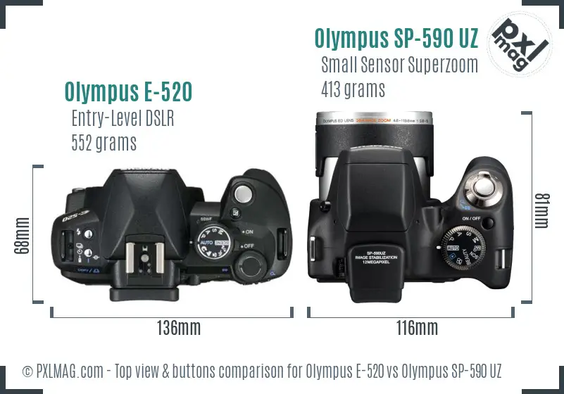 Olympus E-520 vs Olympus SP-590 UZ top view buttons comparison