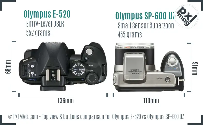 Olympus E-520 vs Olympus SP-600 UZ top view buttons comparison