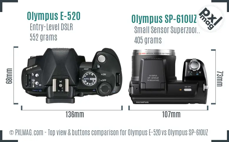 Olympus E-520 vs Olympus SP-610UZ top view buttons comparison
