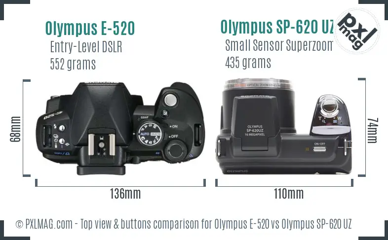 Olympus E-520 vs Olympus SP-620 UZ top view buttons comparison