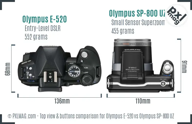 Olympus E-520 vs Olympus SP-800 UZ top view buttons comparison