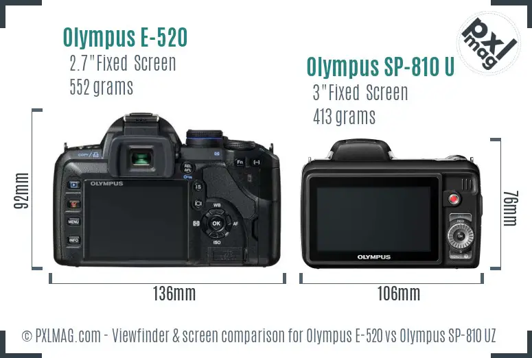 Olympus E-520 vs Olympus SP-810 UZ Screen and Viewfinder comparison