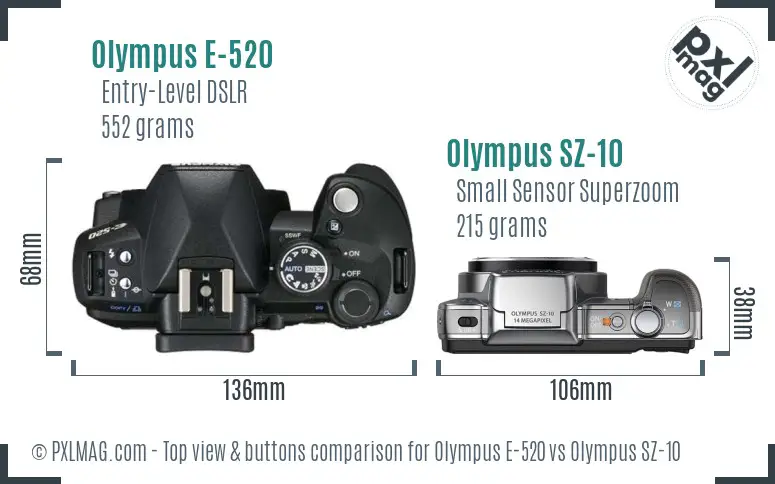 Olympus E-520 vs Olympus SZ-10 top view buttons comparison