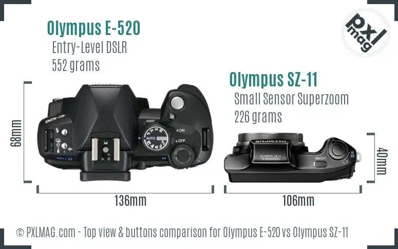 Olympus E-520 vs Olympus SZ-11 top view buttons comparison