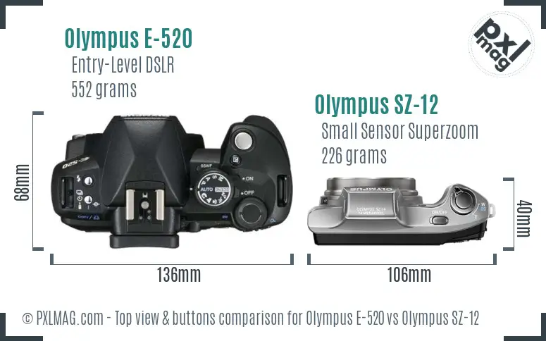 Olympus E-520 vs Olympus SZ-12 top view buttons comparison