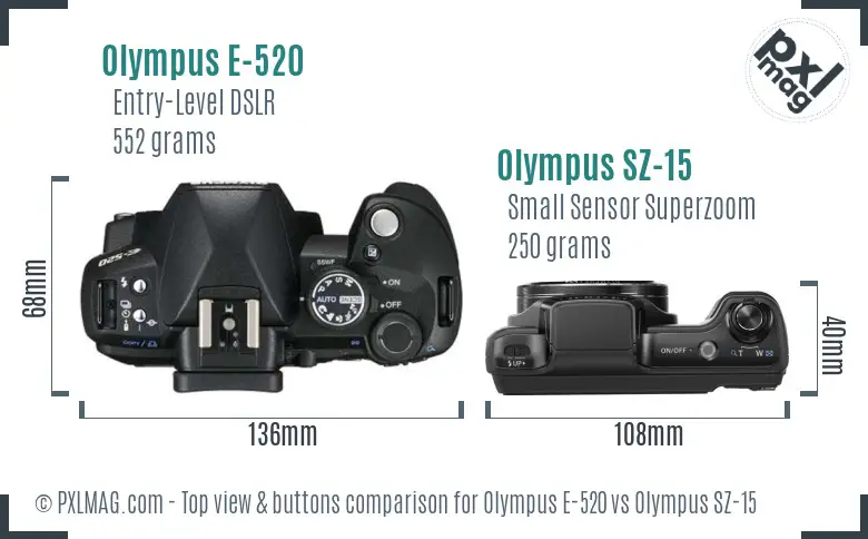 Olympus E-520 vs Olympus SZ-15 top view buttons comparison