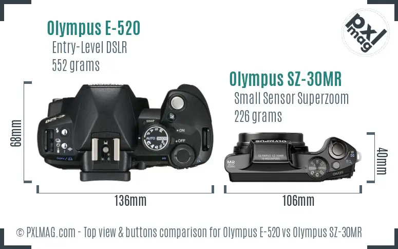Olympus E-520 vs Olympus SZ-30MR top view buttons comparison