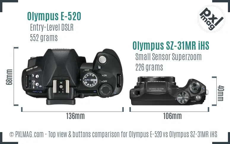 Olympus E-520 vs Olympus SZ-31MR iHS top view buttons comparison