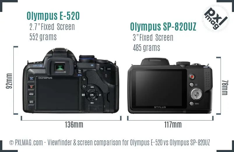 Olympus E-520 vs Olympus SP-820UZ Screen and Viewfinder comparison