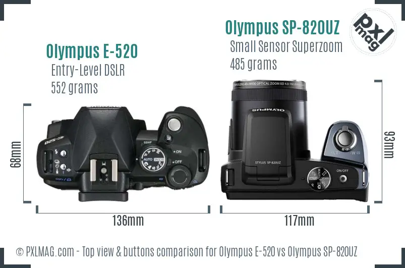 Olympus E-520 vs Olympus SP-820UZ top view buttons comparison