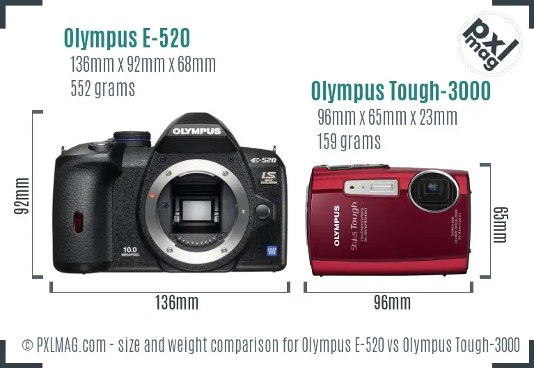 Olympus E-520 vs Olympus Tough-3000 size comparison