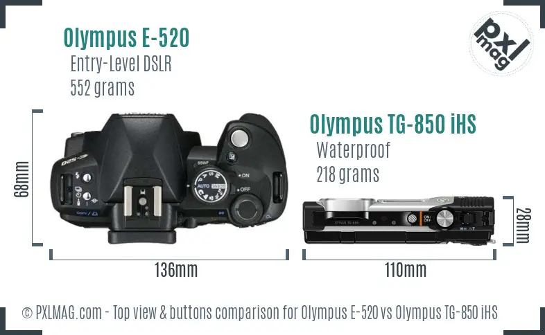 Olympus E-520 vs Olympus TG-850 iHS top view buttons comparison