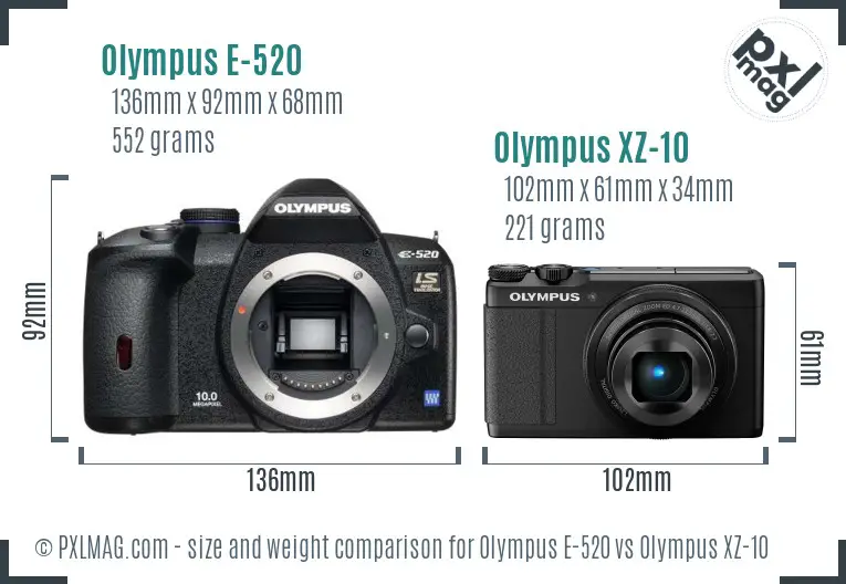 Olympus E-520 vs Olympus XZ-10 size comparison