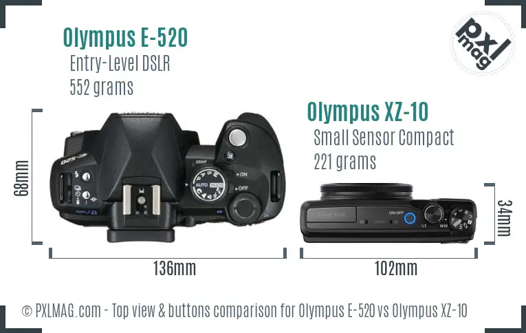 Olympus E-520 vs Olympus XZ-10 top view buttons comparison
