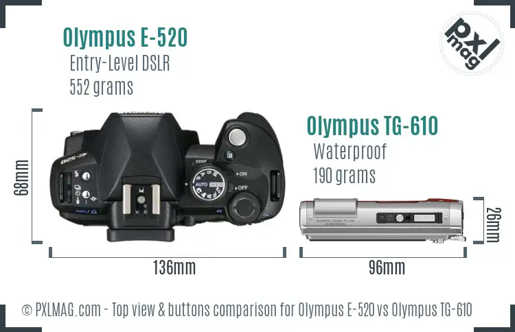 Olympus E-520 vs Olympus TG-610 top view buttons comparison