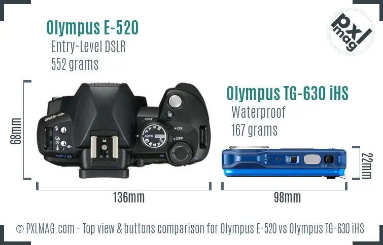 Olympus E-520 vs Olympus TG-630 iHS top view buttons comparison