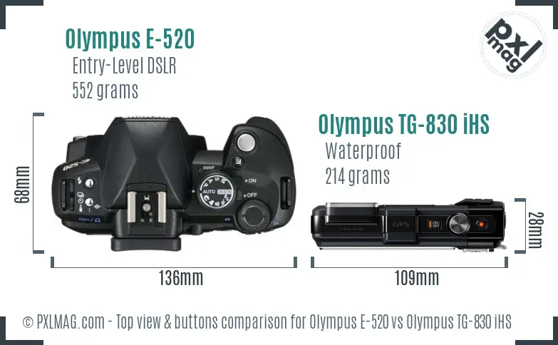 Olympus E-520 vs Olympus TG-830 iHS top view buttons comparison