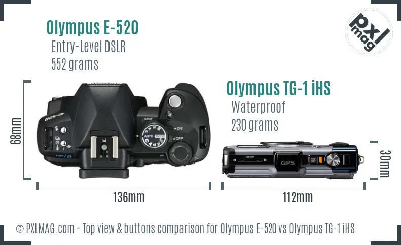 Olympus E-520 vs Olympus TG-1 iHS top view buttons comparison
