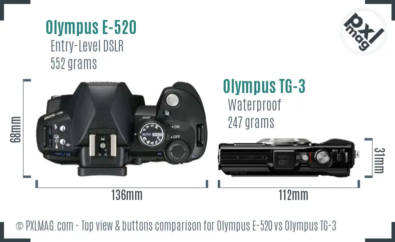 Olympus E-520 vs Olympus TG-3 top view buttons comparison