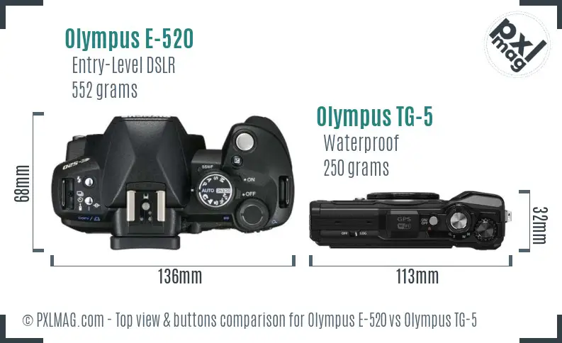 Olympus E-520 vs Olympus TG-5 top view buttons comparison