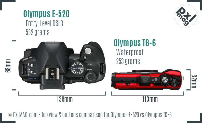 Olympus E-520 vs Olympus TG-6 top view buttons comparison