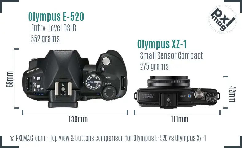 Olympus E-520 vs Olympus XZ-1 top view buttons comparison