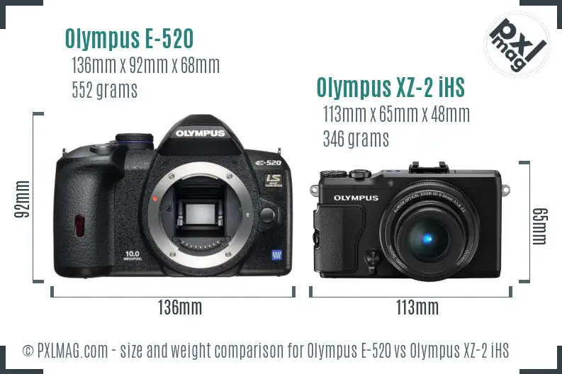 Olympus E-520 vs Olympus XZ-2 iHS size comparison