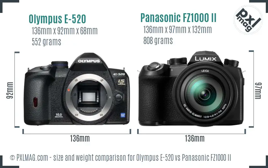 Olympus E-520 vs Panasonic FZ1000 II size comparison