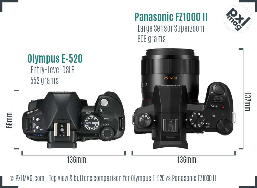 Olympus E-520 vs Panasonic FZ1000 II top view buttons comparison