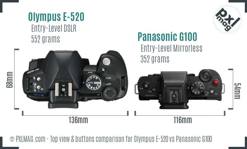 Olympus E-520 vs Panasonic G100 top view buttons comparison
