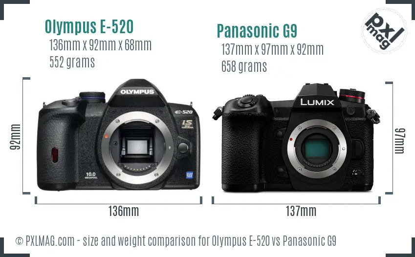 Olympus E-520 vs Panasonic G9 size comparison