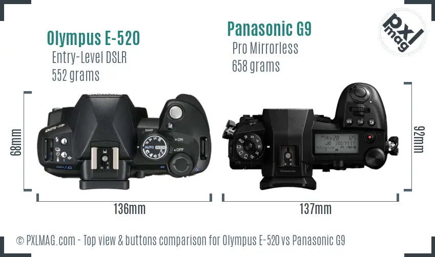 Olympus E-520 vs Panasonic G9 top view buttons comparison