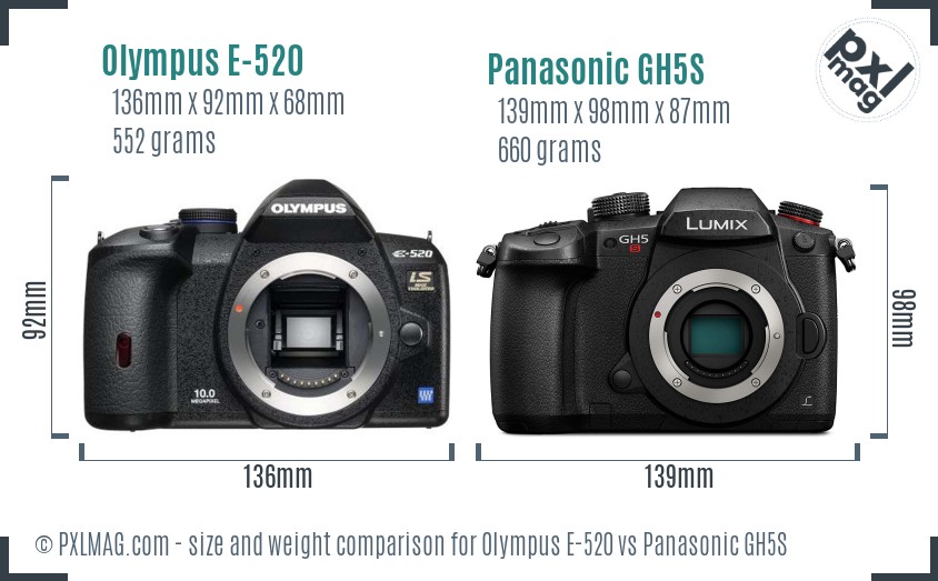 Olympus E-520 vs Panasonic GH5S size comparison