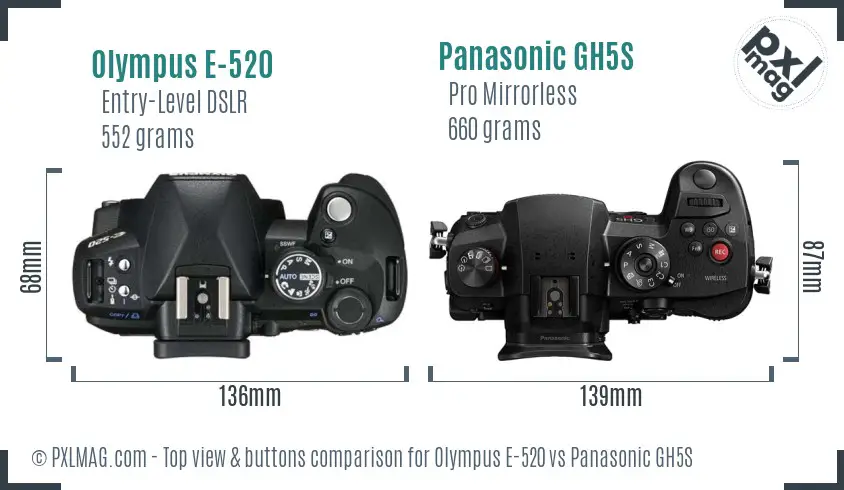 Olympus E-520 vs Panasonic GH5S top view buttons comparison
