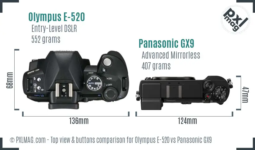 Olympus E-520 vs Panasonic GX9 top view buttons comparison