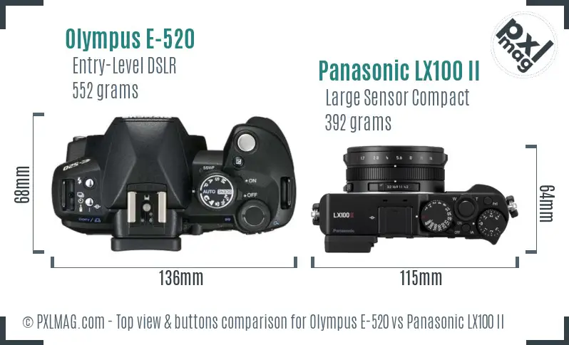 Olympus E-520 vs Panasonic LX100 II top view buttons comparison