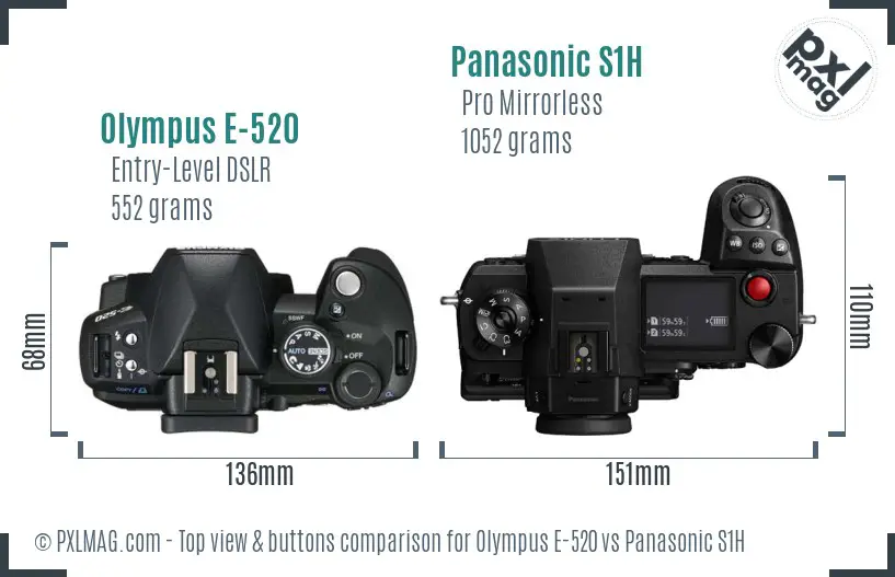 Olympus E-520 vs Panasonic S1H top view buttons comparison
