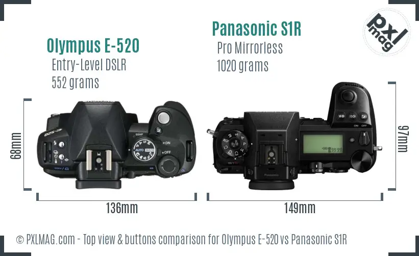 Olympus E-520 vs Panasonic S1R top view buttons comparison