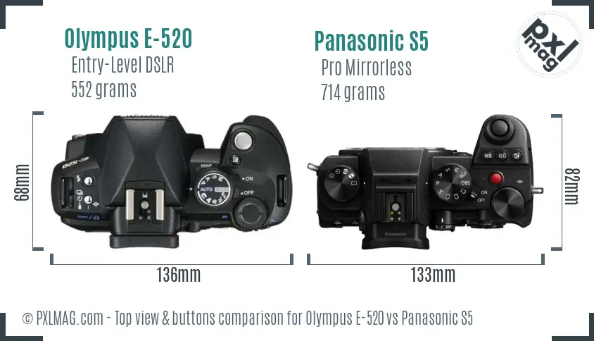Olympus E-520 vs Panasonic S5 top view buttons comparison